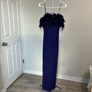 Alex Evenings Navy Blue Feathered Maxi Dress